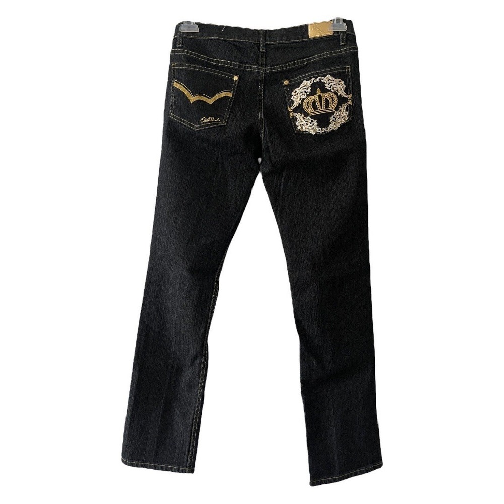 Y2K Old School Denim Jeans Sequin Metallic Gold Crown LOGO Embroidered Bootcut 6
